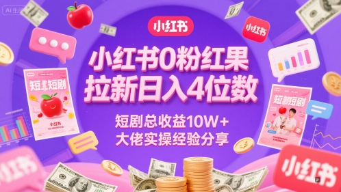 小红书0粉红果短剧拉新日入4位，数短剧总收益10W+大佬实操经验分享