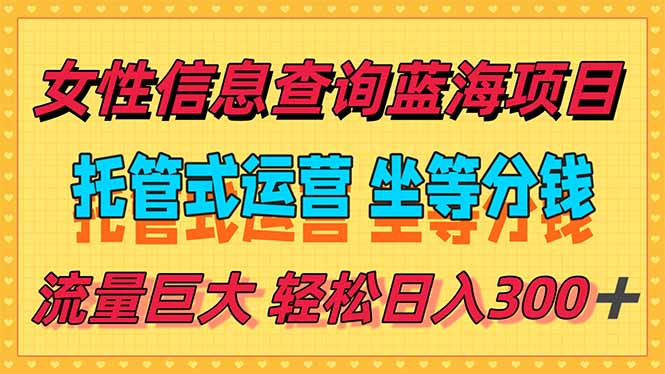 （15216期）稳定日入300＋，小众女性信息查询蓝海项目，全程懒人式托管，解放你的…