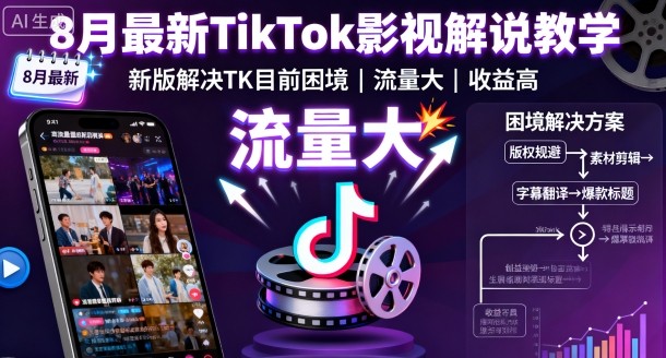 8月最新TikTok影视解说教学，新版解决TK目前困境，流量大，收益高