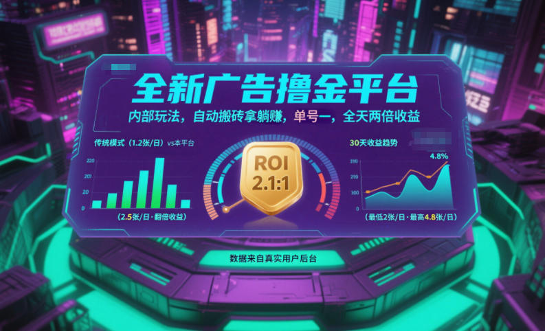 全新广告撸金平台，内部玩法，自动搬砖拿躺賺，单号一天保底2张+，全天两倍收益