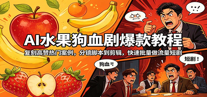 AI水果狗血剧爆款教程：复刻高赞热门案例，分镜脚本到剪辑，快速批量做流量短剧