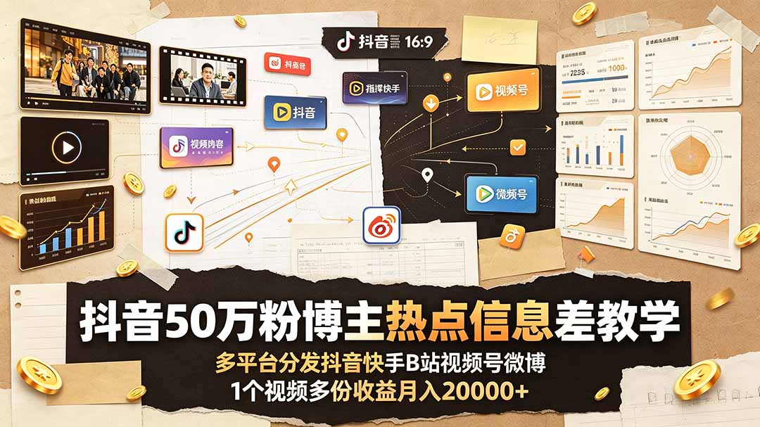 (19145期)抖音50万粉博主热点信息差教学:多平台分发抖音快手B站视频号微博,1个视频多份收益月入20000+