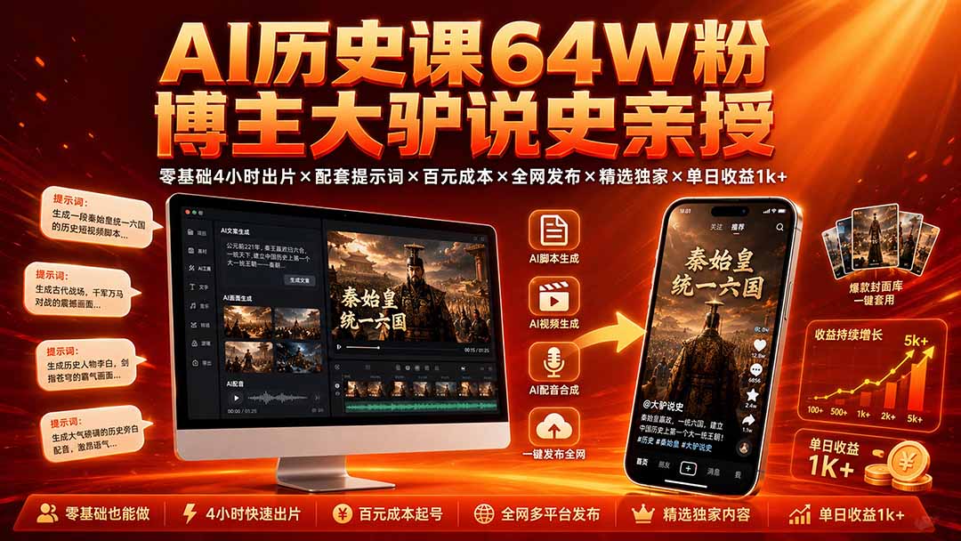 (19557期)AI历史课64W粉博主大驴说史亲授:零基础4小时出片×配套提示词×百元成本×全网发布×精选独家×单日收益1k+