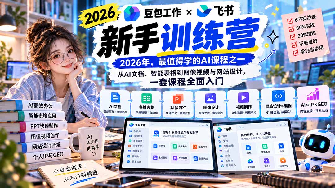 （20645期）2026豆包工作+飞书新手训练营-9月新课：从AI文档、智能表格到图像视频与网站设计，一套课程全面入门
