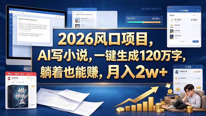（20653期）2026 风口项目，AI 写小说，一键生成 120 万字，躺着也能赚，月入 2w +
