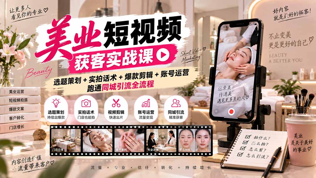 (20586期)美业短视频获客实战课-无水印:选题策划+实拍话术+爆款剪辑+账号运营,跑通同城引流全流程
