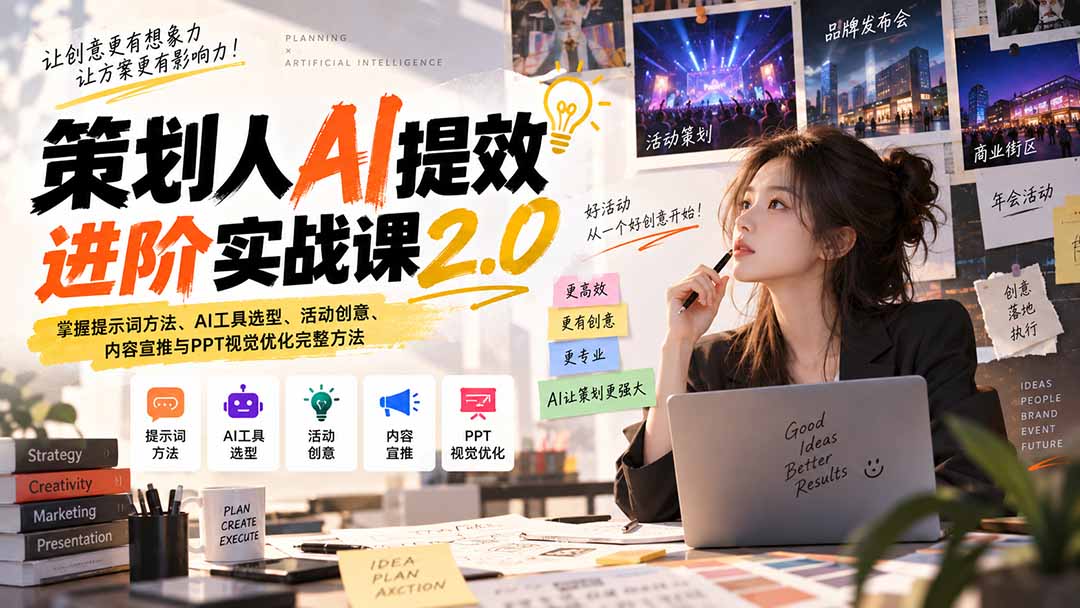 （20427期）策划人AI提效进阶实战课2.0：掌握提示词方法、AI工具选型、活动创意、内容宣推与PPT视觉优化完整方法