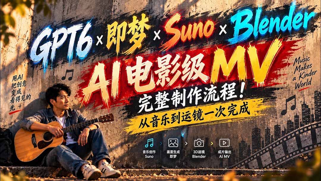 (20587期)GPT6×即梦×Suno×Blender|AI电影级MV完整制作流程!从音乐到运镜一次完成 (无水印)