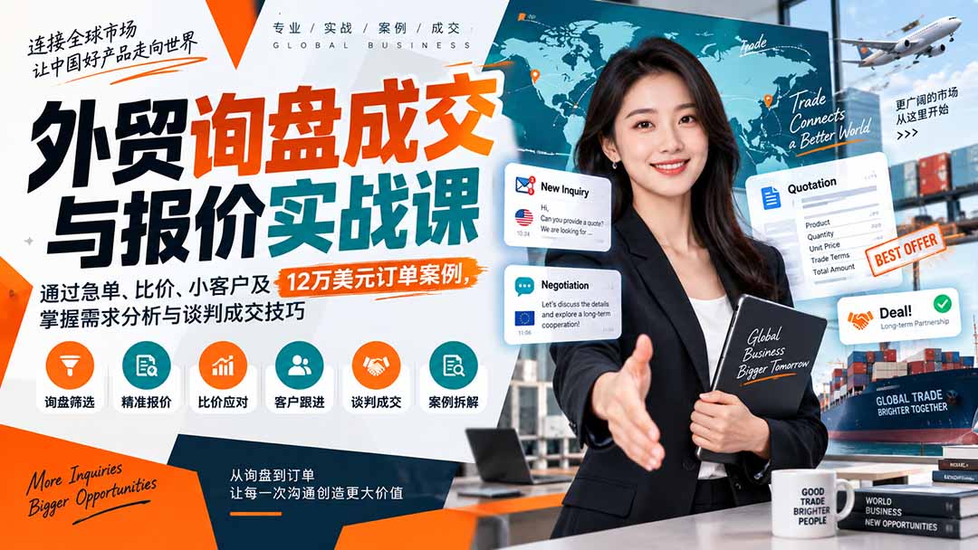 （20424期）外贸询盘成交与报价实战课：通过急单、比价、小客户及12万美元订单案例，掌握需求分析与谈判成交技巧