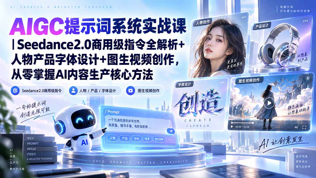(20559期)AIGC提示词系统实战课-无水印|Seedance2.0商用级指令全解析+人物产品字体设计+图生视频创作,掌握AI内容生产方法