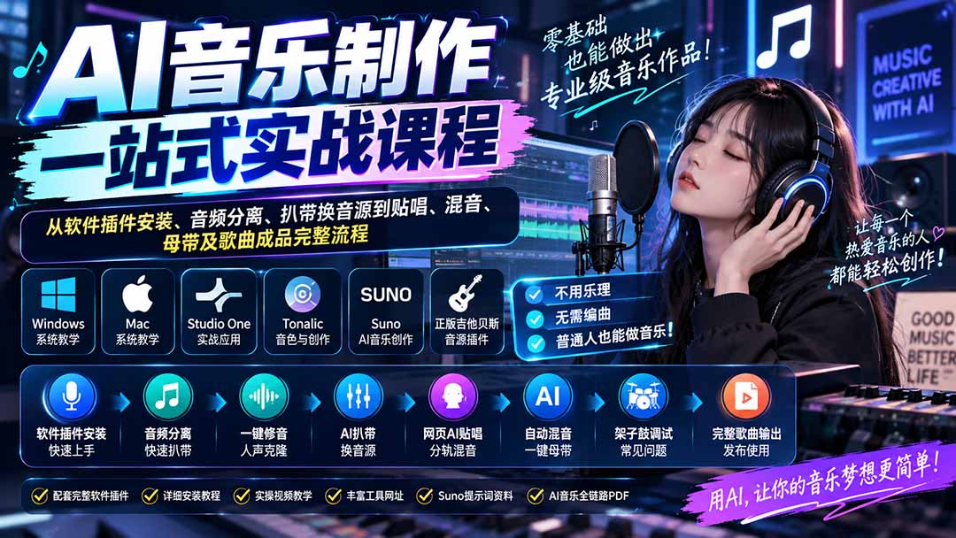 (20490期)AI音乐制作一站式实战课程:从软件插件安装、音频分离、扒带换音源到贴唱、混音、母带及歌曲成品完整流程