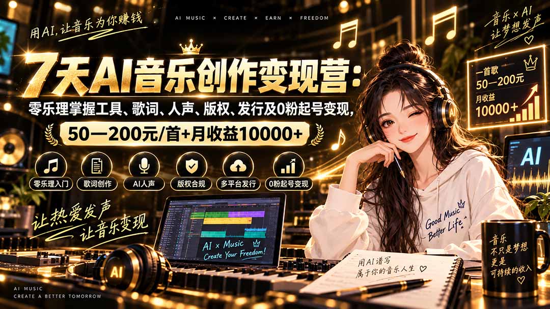(20442期)AI音乐创作变现营:零乐理掌握工具、歌词、人声、版权、发行及0粉起号变现,50—200元/首+月收益10000+