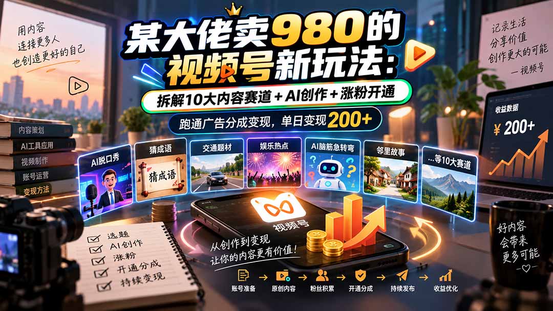 (20572期)某大佬卖980的视频号新玩法:拆解10大内容赛道+AI创作+涨粉开通,跑通广告分成变现,单日变现200+