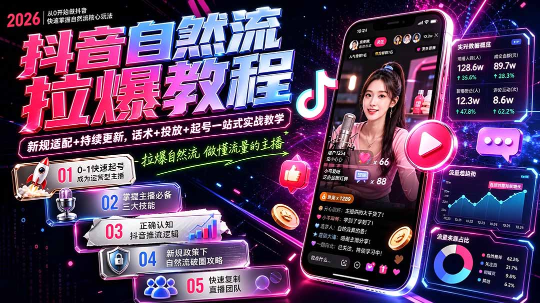 (20279期)抖音自然流拉爆教程-更新:做懂流量的主播,新规适配+持续更新,话术+投放+起号一站式实战教学
