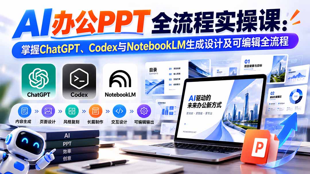 （20660期）【无水印】AI办公PPT全流程实操课： 掌握ChatGPT、Codex与NotebookLM生成设计及可编辑全流程