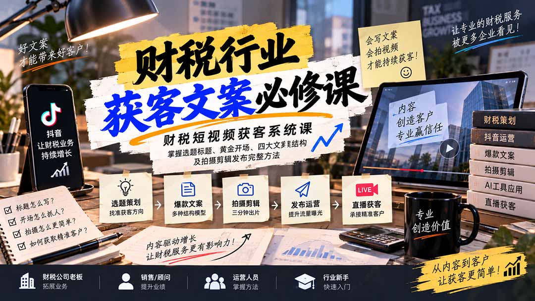 (20591期)财税短视频获客系统课:掌握选题标题、黄金开场、四大文案结构及拍摄剪辑发布完整方法