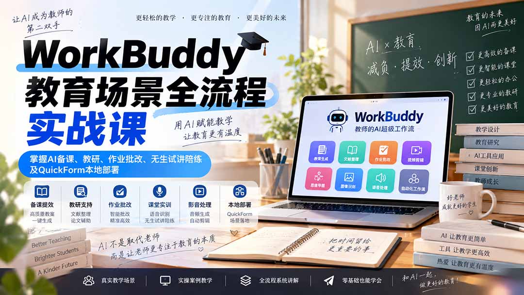 （20518期）WorkBuddy教育场景全流程实战课：掌握AI备课、教研、作业批改、无生试讲陪练及QuickForm本地部署