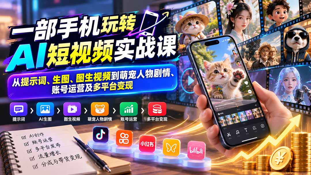 (20663期)一部手机玩转AI短视频实战课:从提示词、生图、图生视频到萌宠人物剧情、账号运营及多平台变现