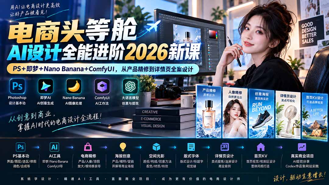 (20284期)电商头等舱AI设计全能进阶2026新课:PS+即梦+Nano Banana+ComfyUI,从产品精修到详情页全案设计