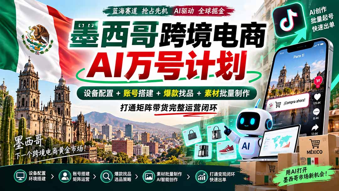 (20500期)墨西哥AI跨境电商万号计划|设备配置+账号搭建+爆款找品+素材批量制作,打通矩阵带货完整运营闭环