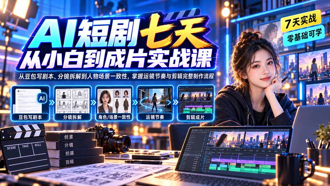 (20329期)AI短剧七天从小白到成片实战课:从豆包写剧本、分镜拆解到人物场景一致性,掌握运镜节奏与剪辑完整制作流程