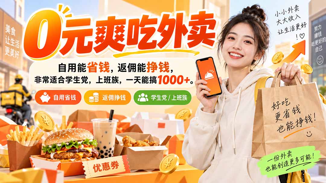 (20309期)0元爽吃外卖,自用能省钱,返佣能挣钱,非常适合学生党,上班族,一天能搞1000+