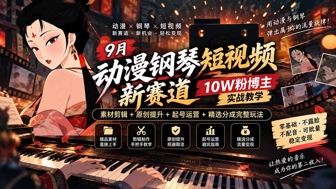 （20506期）9月动漫钢琴短视频新赛道｜10W粉博主实战教学，素材剪辑+原创提升+起号运营+精选分成完整玩法