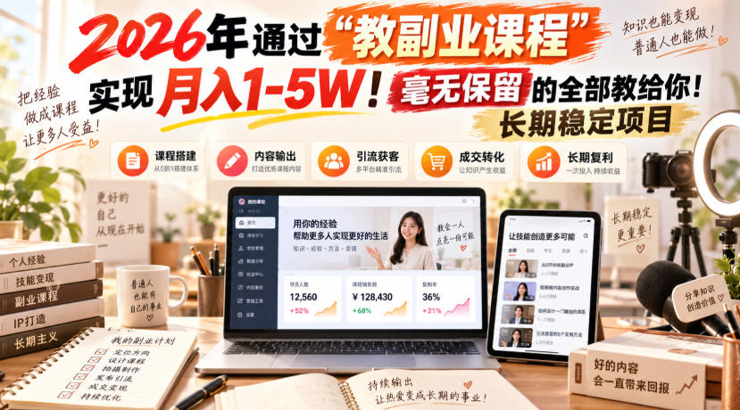 (20468期)2026年通过“教副业课程”实现月入1-5W!毫无保留的全部教给你!长期稳定项目