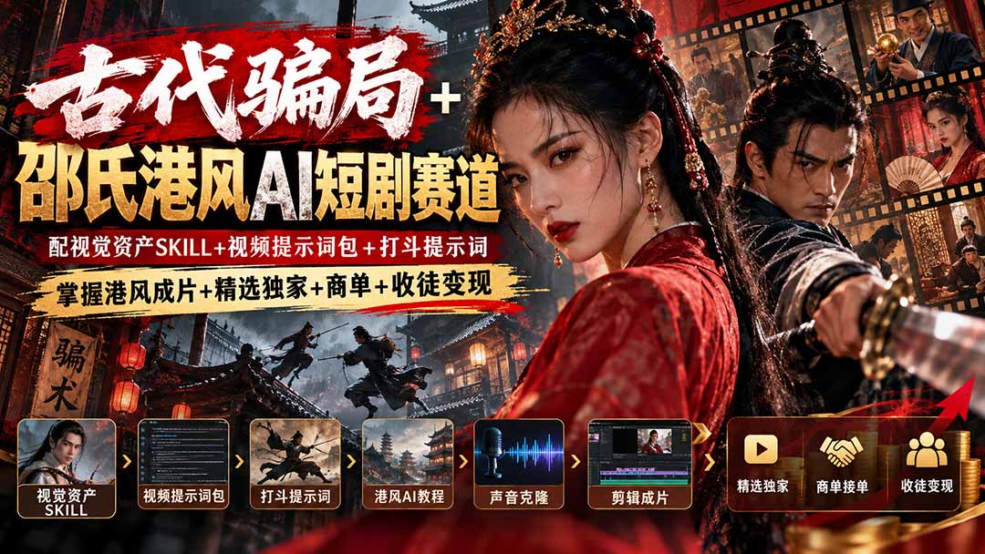 （20684期）古代骗局+邵氏港风AI短剧赛道：配视觉资产SKILL+视频提示词包+打斗提示词，掌握港风成片+精选独家+商单+收徒变现