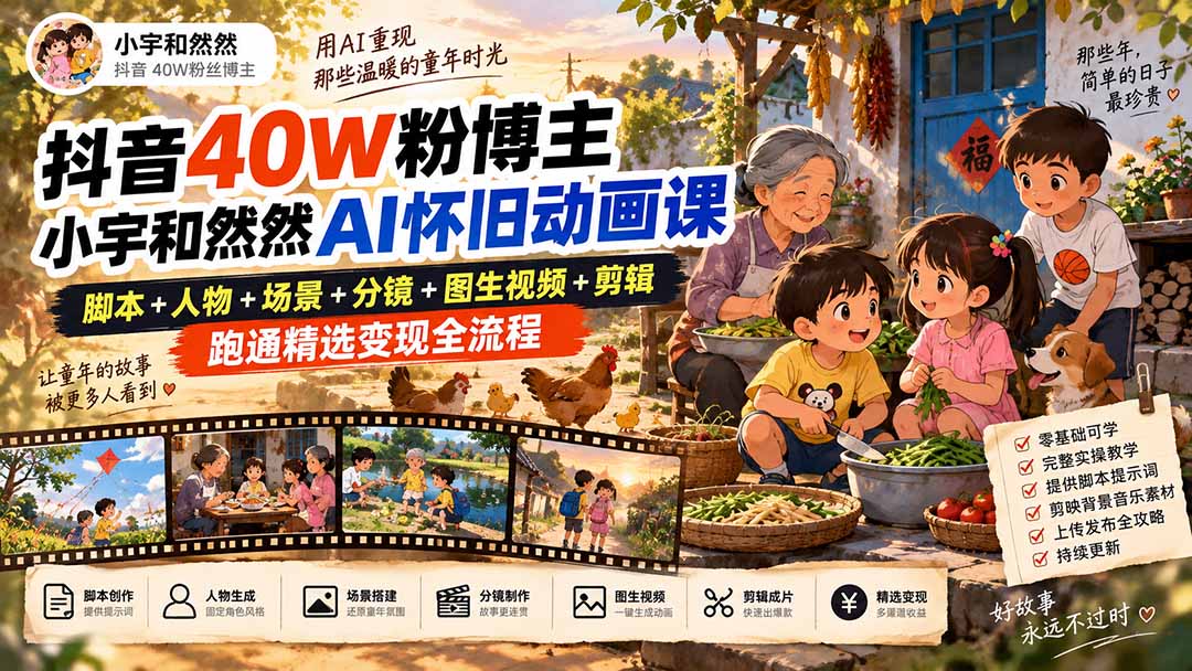 (20549期)抖音40W粉博主小宇和然然AI怀旧动画课|脚本+人物+场景+分镜+图生视频+剪辑,跑通精选变现全流程