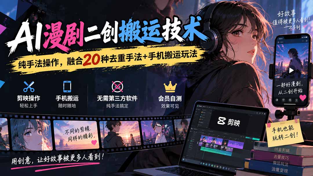 (20551期)AI漫剧二创搬运技术,纯手法操作,融合20种去重手法++手机搬运玩法