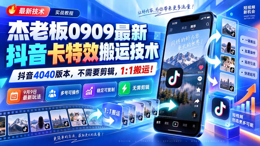 (20369期)杰老板0909最新抖音卡特效搬运技术,抖音4040版本,不需要剪辑,1:1搬运!