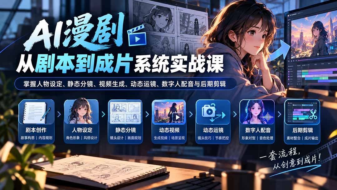 (20375期)AI漫剧从剧本到成片系统实战课:掌握人物设定、静态分镜、视频生成、动态运镜、数字人配音与后期剪辑