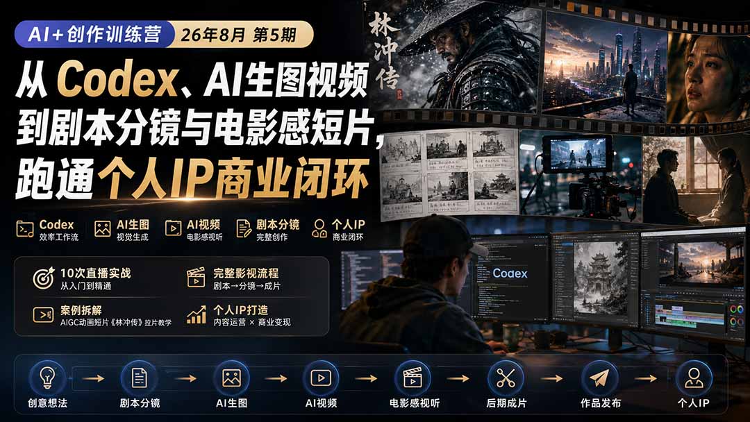 （20348期）AI+创作训练营26年第5期-更新：从Codex、AI生图视频到剧本分镜与电影感短片，跑通个人IP商业闭环