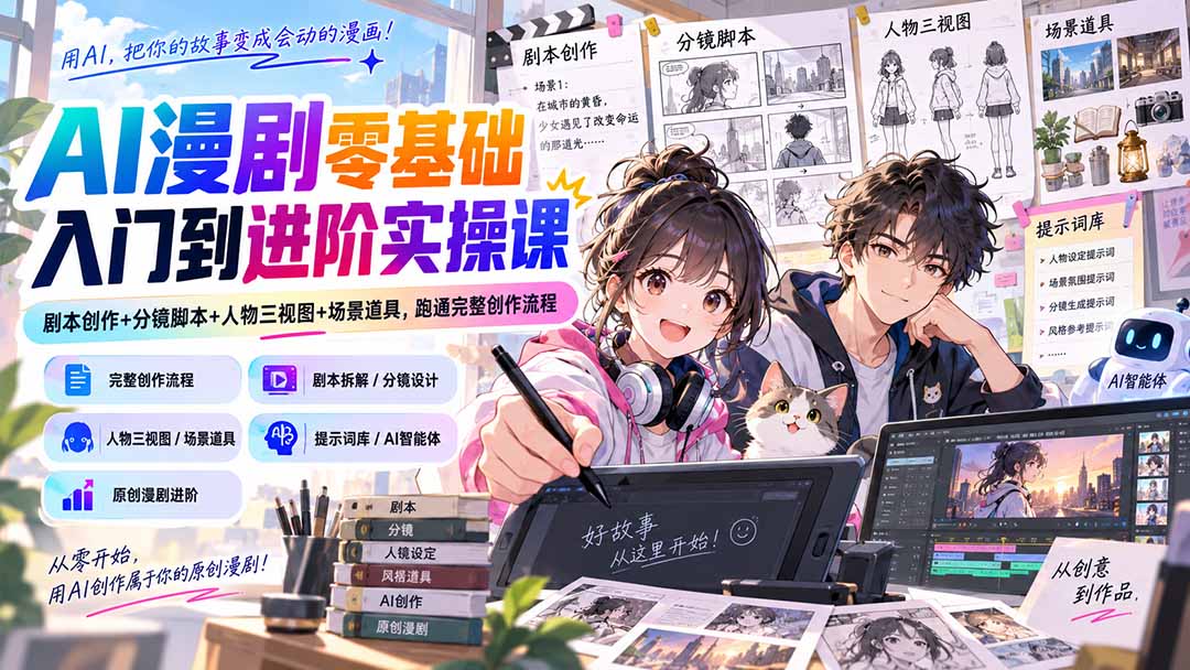 (20352期)AI漫剧零基础入门到进阶实操课:剧本创作+分镜脚本+人物三视图+场景道具,跑通完整创作流程