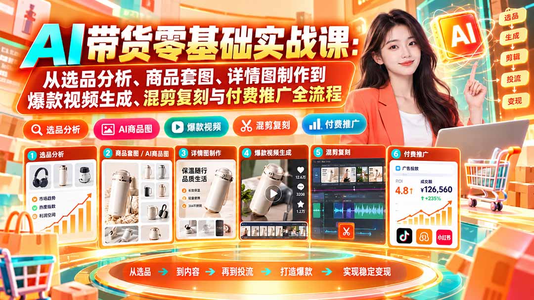 （20856期）AI带货零基础实战课：从选品分析、商品套图、详情图制作到爆款视频生成、混剪复刻与付费推广全流程