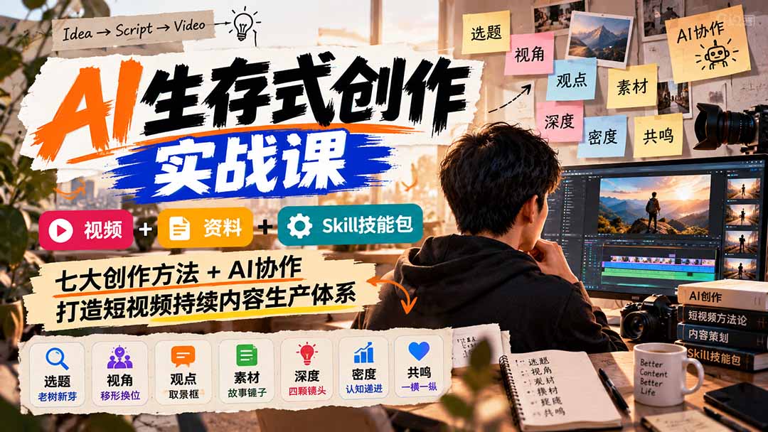(21081期)AI生存式创作实战课:视频+资料+Skill技能包,七大创作方法+AI协作,打造短视频持续内容生产体系
