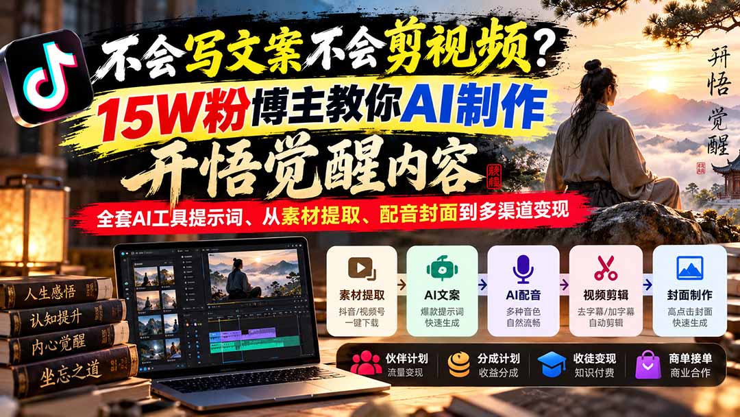 (21085期)不会写文案不会剪视频?15W粉博主教你AI制作开悟觉醒内容,全套AI工具提示词、从素材提取、配音封面到多渠道变现