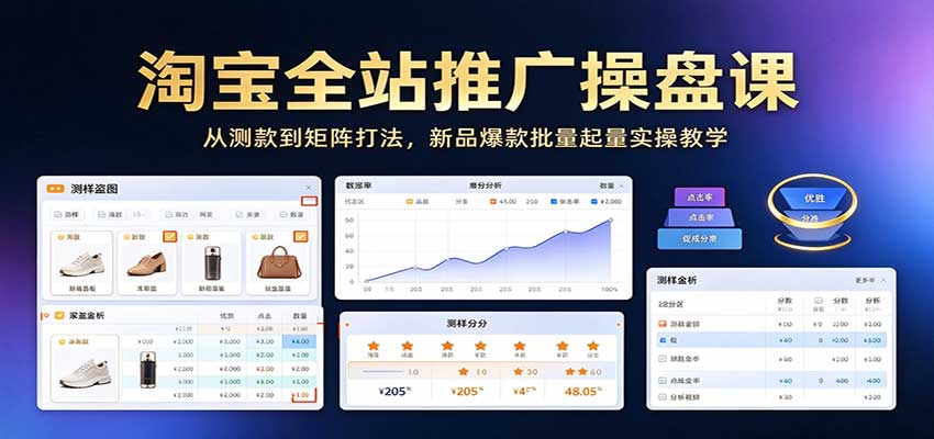淘宝全站推广操盘课：从测款到矩阵打法，新品爆款批量起量实操教学