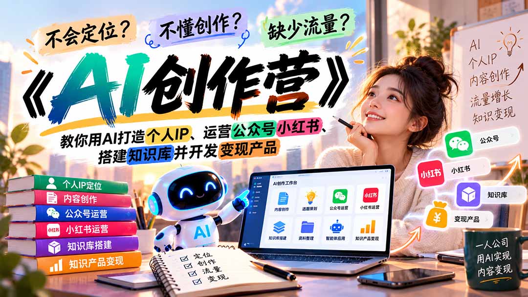 (21088期)不会定位、不懂创作、缺少流量?《AI创作营》教你用AI打造个人IP、运营公众号小红书、搭建知识库并开发变现产品