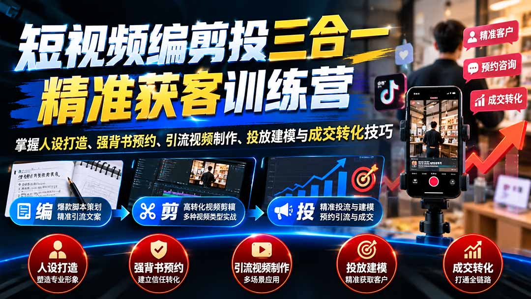 （20910期）短视频编剪投三合一精准获客训练营：掌握人设打造、强背书预约、引流视频制作、投放建模与成交转化技巧