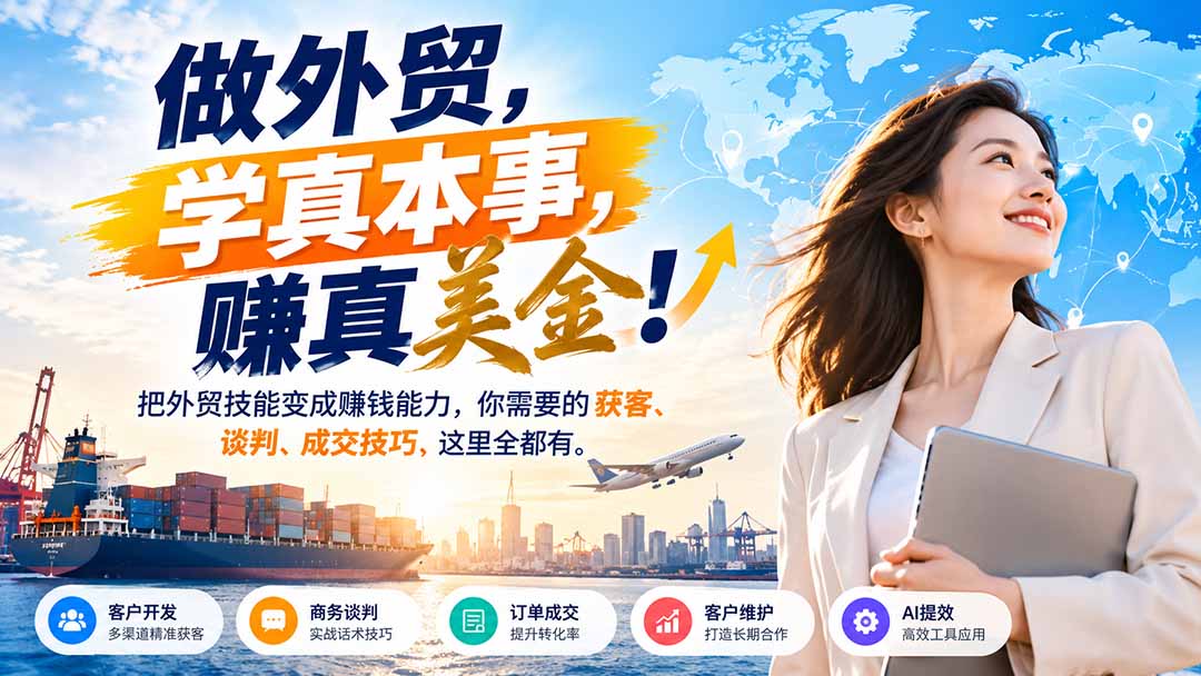 （21106期）做外贸，学真本事，赚真美金！把外贸技能变成赚钱能力，你需要的获客、谈判、成交技巧，这里全都有